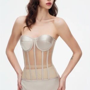 Strapless Nude Sheer Boned Waist-Cincher Corset Top